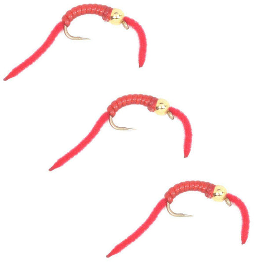 3 Pack San Juan Power Worm Gold Bead Head Red V-Rib - Hook Size 10 - Skoutley Outdoors LLC