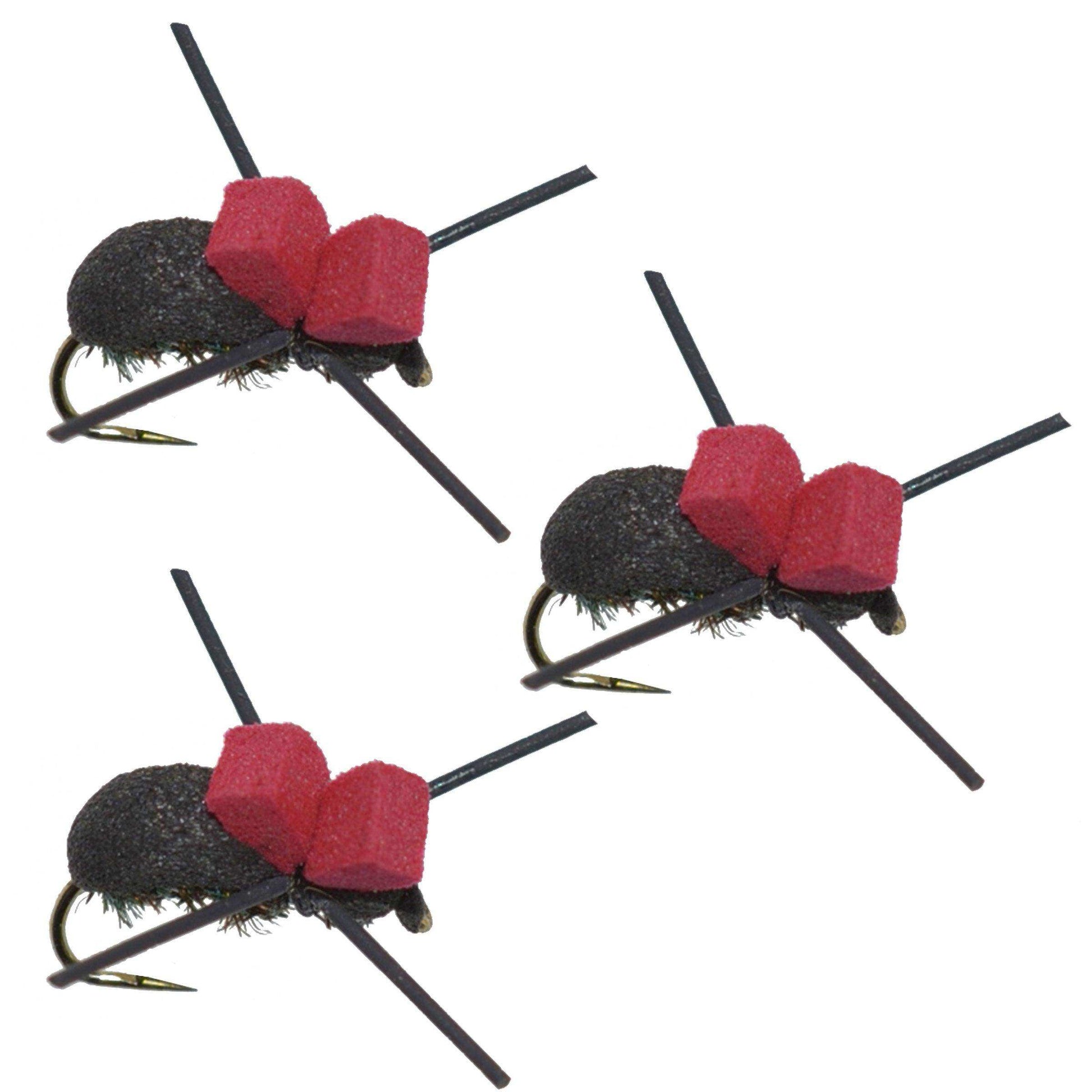 3 Pack Barbless Red Top Black Foam Beetle Terrestrial Trout Dry Fly Fishing Flies - Hook Size 14 - Skoutley Outdoors LLC