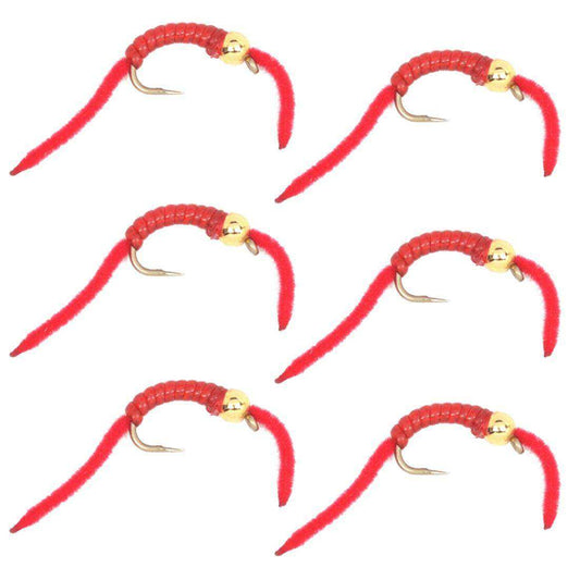 San Juan Worm Gold Bead Power Worm Red V-Rib - Set of 6 Nymph Flies Hook Size 14 - Skoutley Outdoors LLC