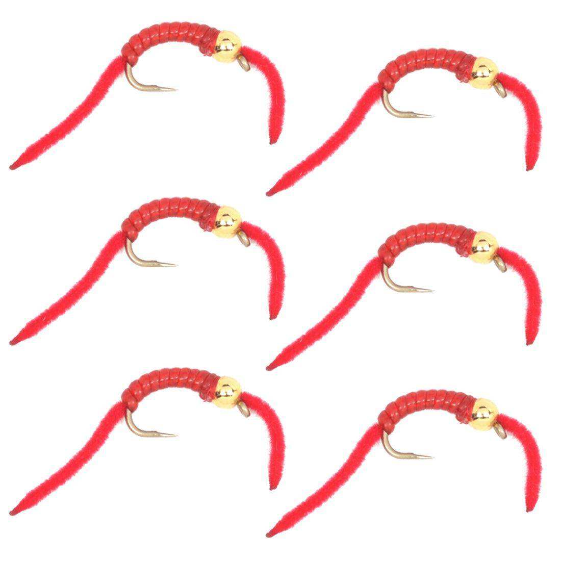 San Juan Worm Bead Head Power Worm Red V-Rib - Set of 6 Nymph Flies Hook Size 10 - Skoutley Outdoors LLC