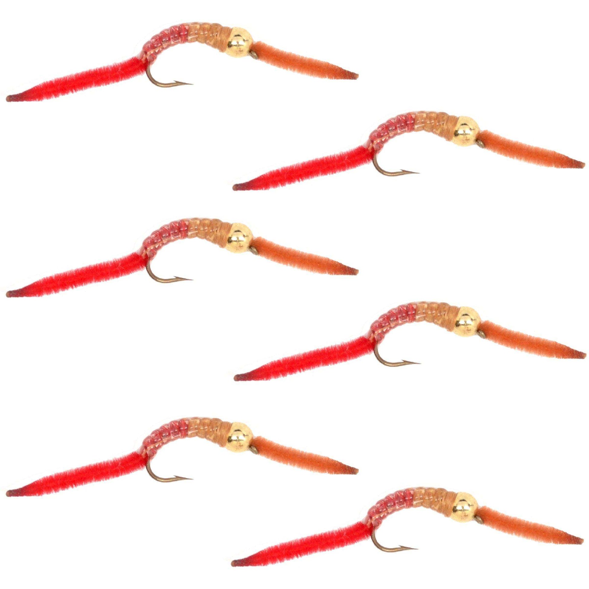 San Juan Worm Gold Bead Power Worm Half and Half - Set of 6 Nymph Flies Hook Size 10 - Skoutley Outdoors LLC