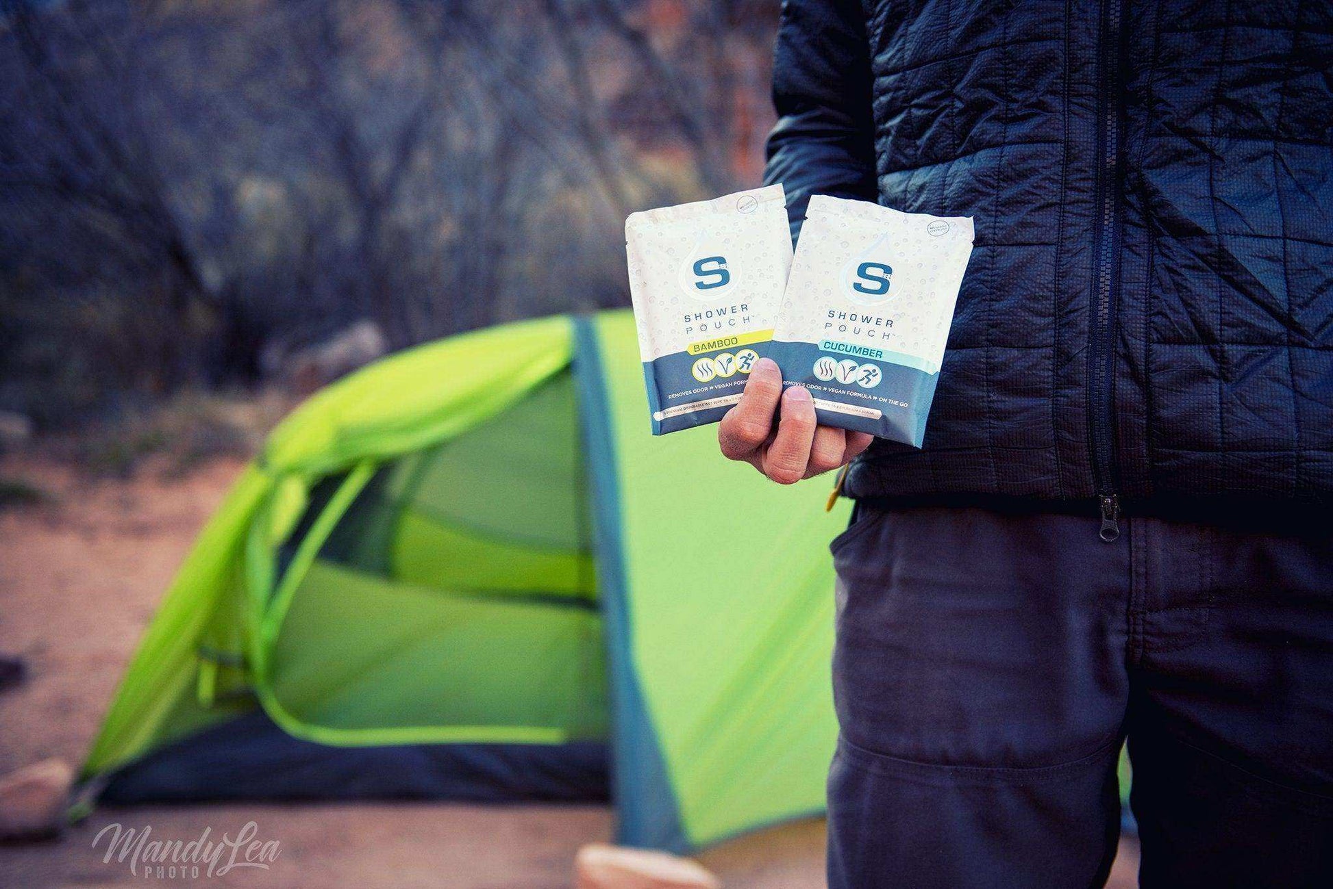 Adventure Sampler Kit: 4 Shower Pouches, 1 Hand Sanitizer (80%), and 1 Deodorant - Skoutley Outdoors LLC