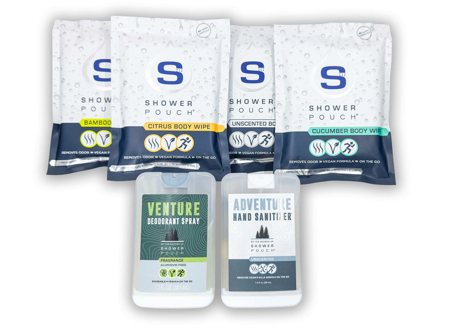 Adventure Sampler Kit: 4 Shower Pouches, 1 Hand Sanitizer (80%), and 1 Deodorant - Skoutley Outdoors LLC