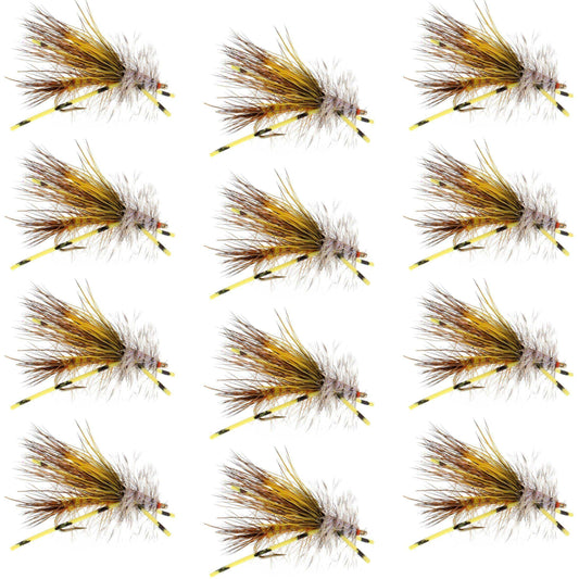 Kaufmann's Yellow Crystal Stimulator Rubber Legs Dry Fly - 1 Dozen Flies Hook Size 12 - Skoutley Outdoors LLC