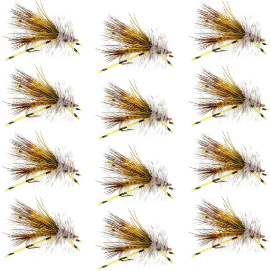 Kaufmann's Yellow Crystal Stimulator Rubber Legs Dry Fly - 1 Dozen Flies Hook Size 14 - Skoutley Outdoors LLC