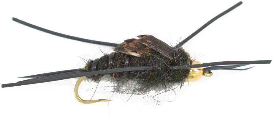 3 Pack Barbless Gold Bead Kaufmann's Black Stone Fly with Rubber Legs - Stonefly Wet Fly - Hook Size 12 - Skoutley Outdoors LLC