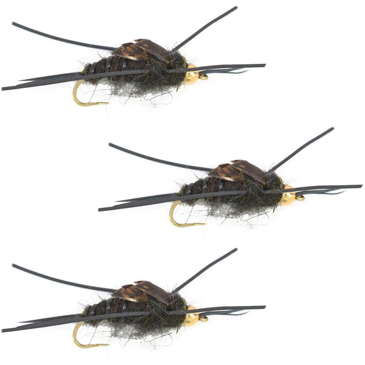 3 Pack Barbless Gold Bead Kaufmann's Black Stone Fly with Rubber Legs - Stonefly Wet Fly - Hook Size 12 - Skoutley Outdoors LLC