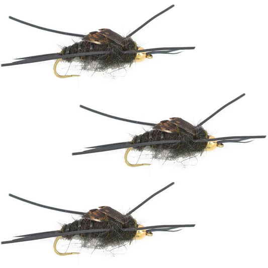 3 Pack Barbless Gold Bead Kaufmann's Black Stone Fly with Rubber Legs - Stonefly Wet Fly - Hook Size 8 - Skoutley Outdoors LLC