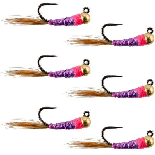 Tungsten Bead Hot Spot Purple Perdigon Tactical Jig Spanish Czech Euro Nymph Fly - 6 Flies Size 14 - Skoutley Outdoors LLC