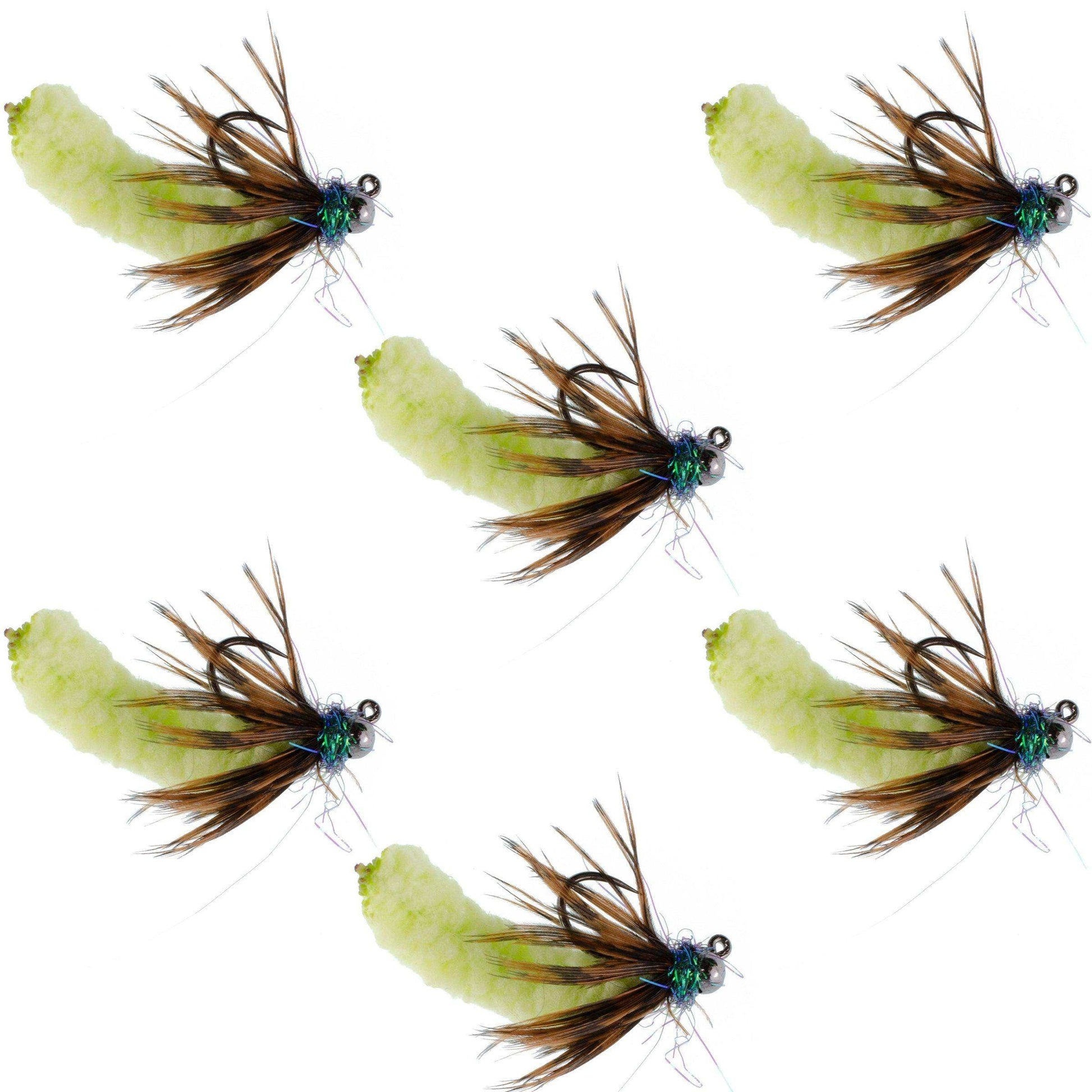 Tungsten Bead Chartreuse Mop Fly Tactical Jig Czech Euro Nymph Barbless Fly - 6 Flies Size 14 - Skoutley Outdoors LLC