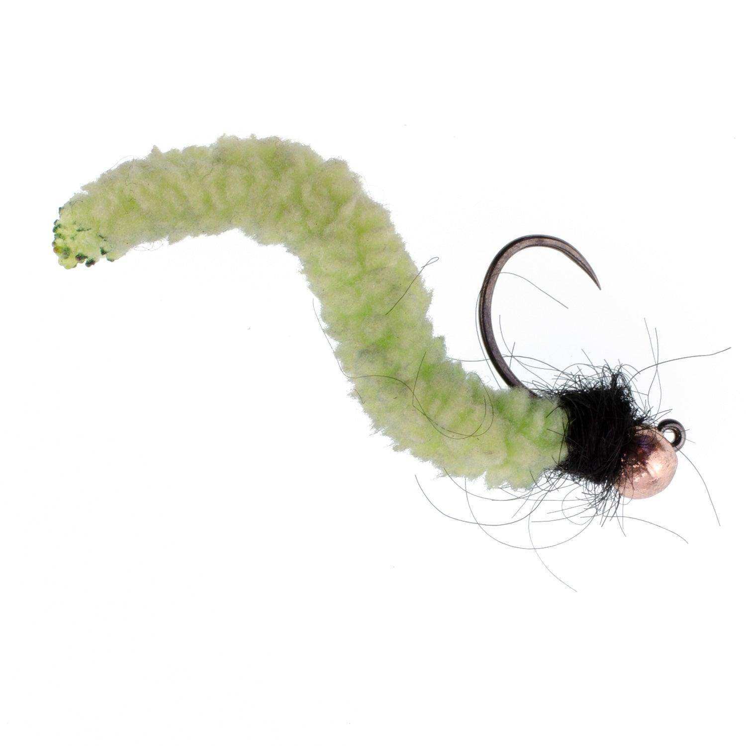 Tungsten Bead Chartreuse Wormy Mop Fly Tactical Jig Czech Euro Nymph Barbless Fly - 6 Flies Size 12 - Skoutley Outdoors LLC