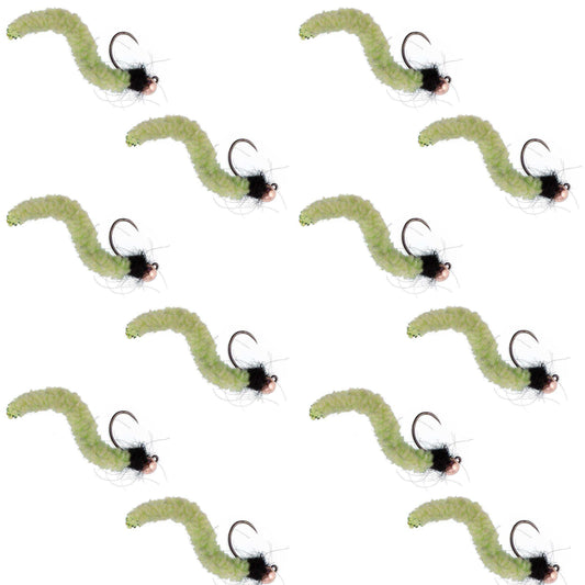 Tungsten Bead Chartreuse Wormy Mop Fly Tactical Jig Czech Euro Nymph Barbless Fly - 1 Dozen Flies Size 14 - Skoutley Outdoors LLC