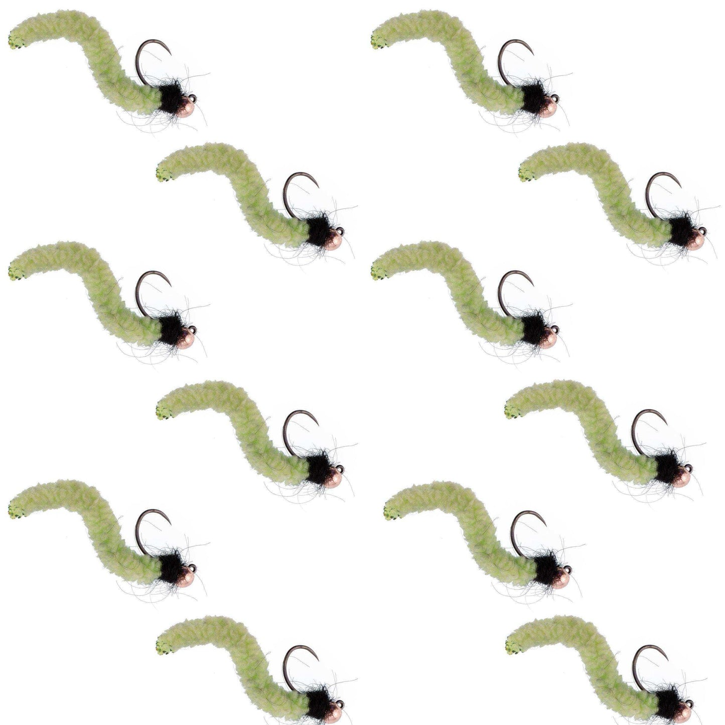 Tungsten Bead Chartreuse Wormy Mop Fly Tactical Jig Czech Euro Nymph Barbless Fly - 1 Dozen Flies Size 12 - Skoutley Outdoors LLC