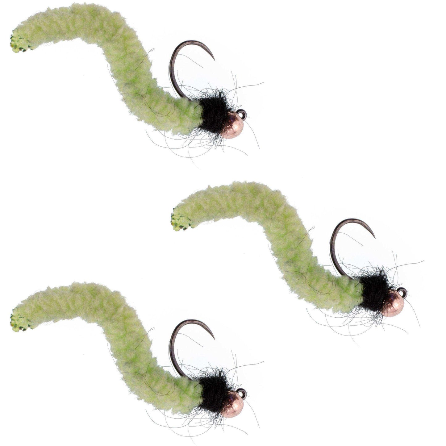 3 Pack Tungsten Bead Chartreuse Wormy Mop Fly Tactical Jig Czech Euro Nymph Barbless Fly - Size 12 - Skoutley Outdoors LLC