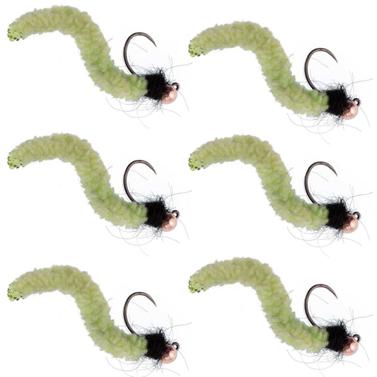 Tungsten Bead Chartreuse Wormy Mop Fly Tactical Jig Czech Euro Nymph Barbless Fly - 6 Flies Size 12 - Skoutley Outdoors LLC