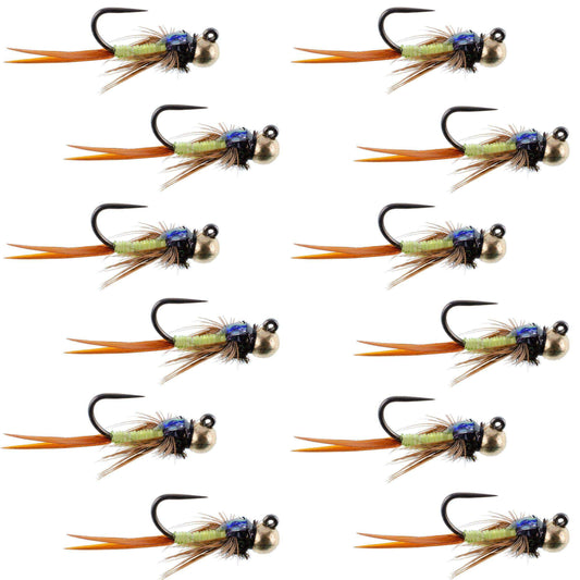 Tungsten Bead Tactical Jig Copper John Chartreuse Czech Nymph Euro Nymphing Fly - 1 Dozen Flies Size 12 - Skoutley Outdoors LLC