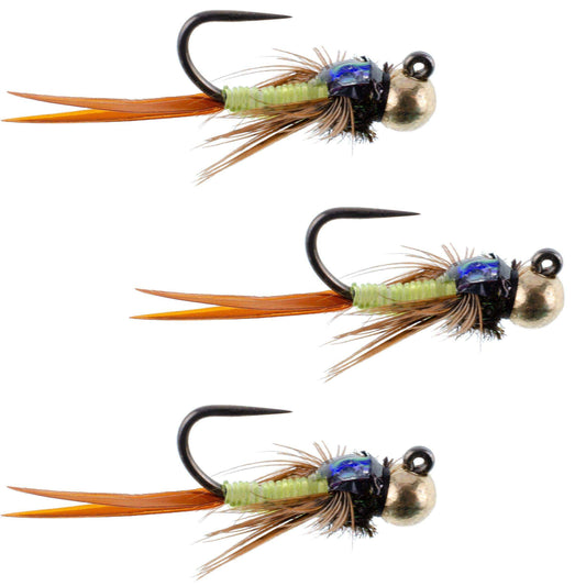 3 Pack Tungsten Bead Tactical Jig Copper John Chartreuse Czech Nymph Euro Nymphing Fly - Size 12 - Skoutley Outdoors LLC