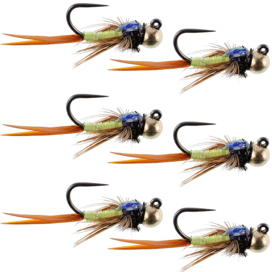 Tungsten Bead Tactical Jig Copper John Chartreuse Czech Nymph Euro Nymphing Fly - 6 Flies Size 12 - Skoutley Outdoors LLC