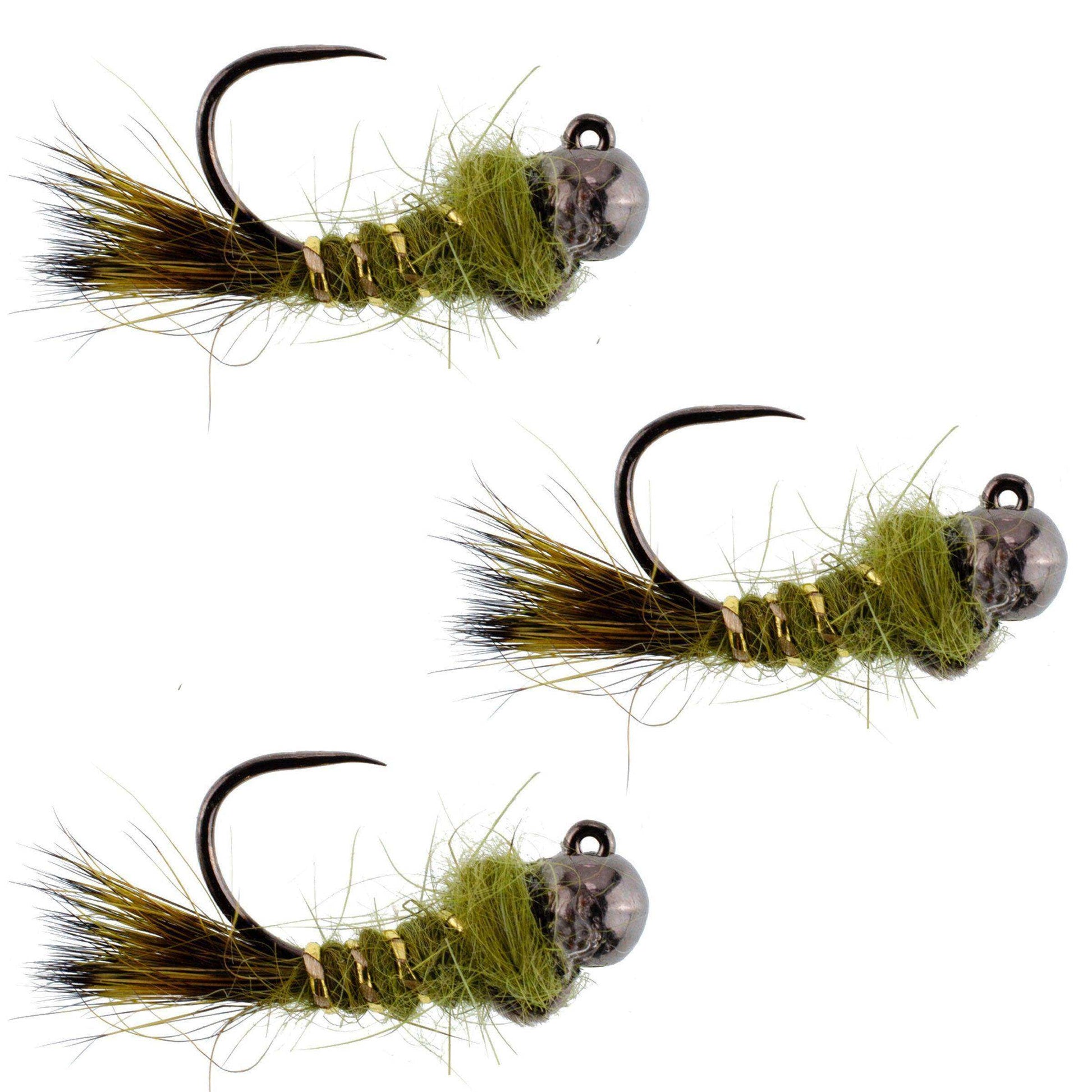 3 Pack Black Tungsten Bead Tactical Olive Hares Ear Czech Nymph Euro Nymphing Fly - Hook Size 16 - Skoutley Outdoors LLC