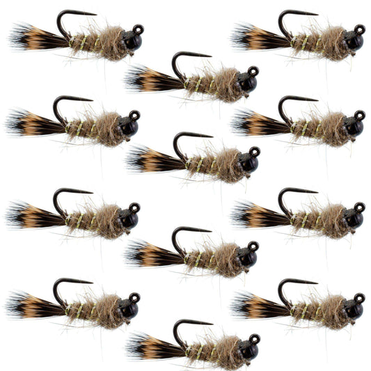 Black Tungsten Bead Tactical Hares Ear Czech Nymph Euro Nymphing Fly - 1 Dozen Flies Size 14 - Skoutley Outdoors LLC