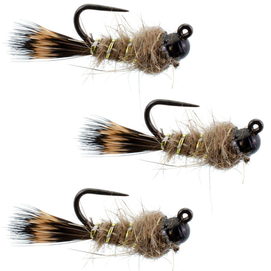 3 Pack Black Tungsten Bead Tactical Hares Ear Czech Nymph Euro Nymphing Fly - Hook Size 16 - Skoutley Outdoors LLC