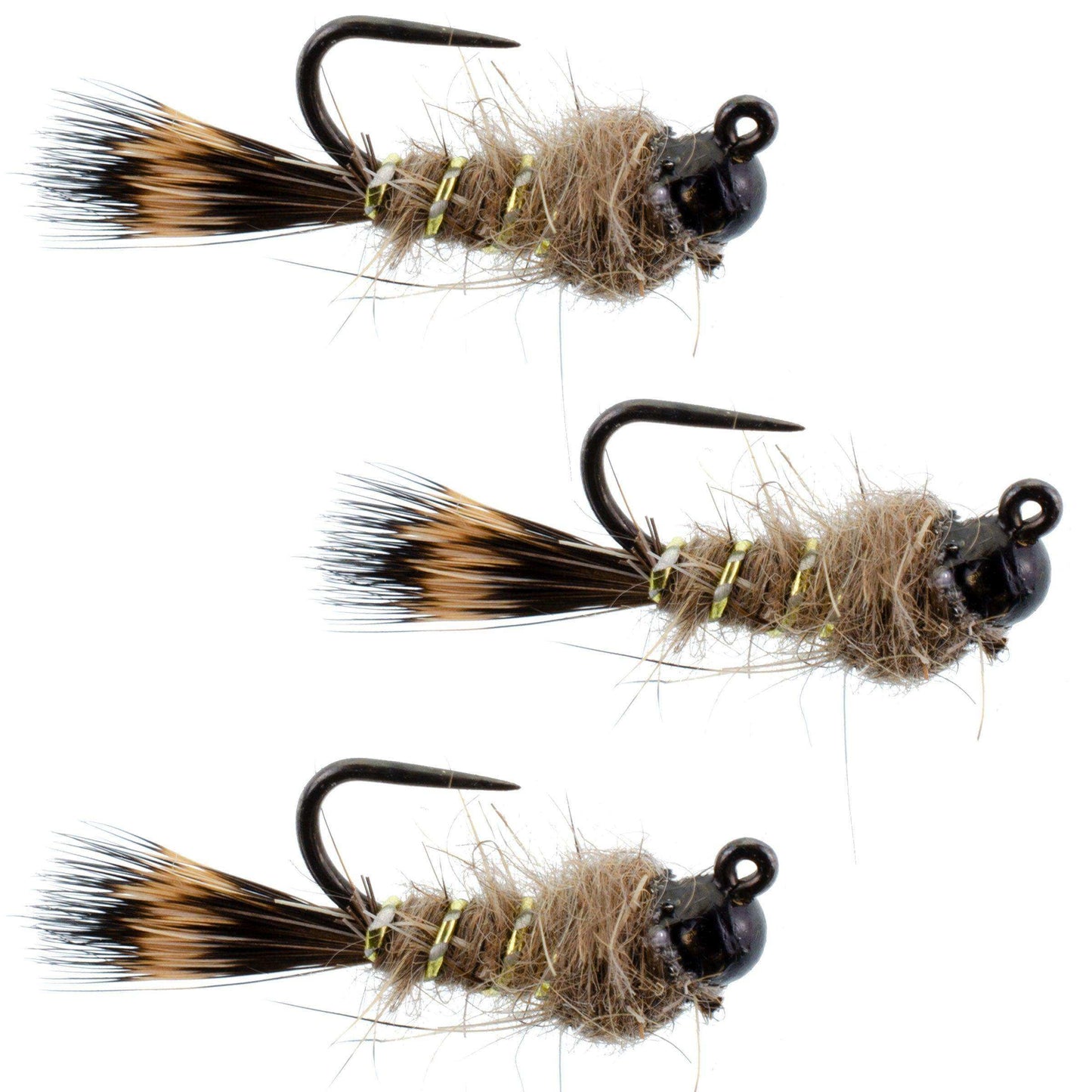 3 Pack Black Tungsten Bead Tactical Hares Ear Czech Nymph Euro Nymphing Fly - Hook Size 14 - Skoutley Outdoors LLC