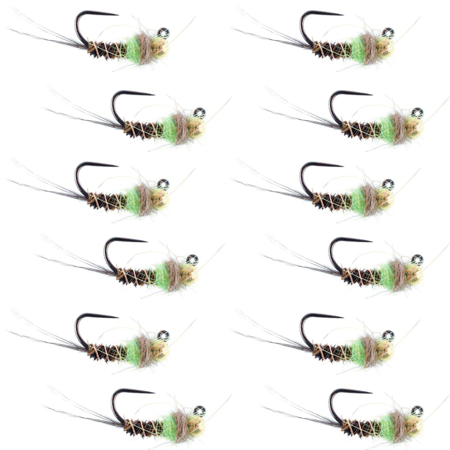 Tungsten Bead Hot Spot Pheasant Tail Tactical Jig Chartreuse Czech Nymph Euro Nymphing Fly - 1 Dozen Flies Size 14 - Skoutley Outdoors LLC