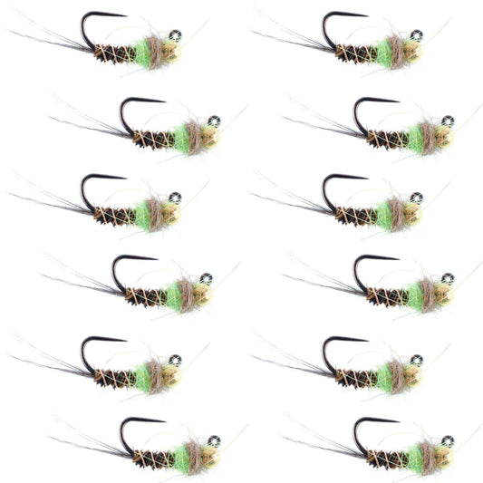 Tungsten Bead Hot Spot Pheasant Tail Tactical Jig Chartreuse Czech Nymph Euro Nymphing Fly - 1 Dozen Flies Size 16 - Skoutley Outdoors LLC