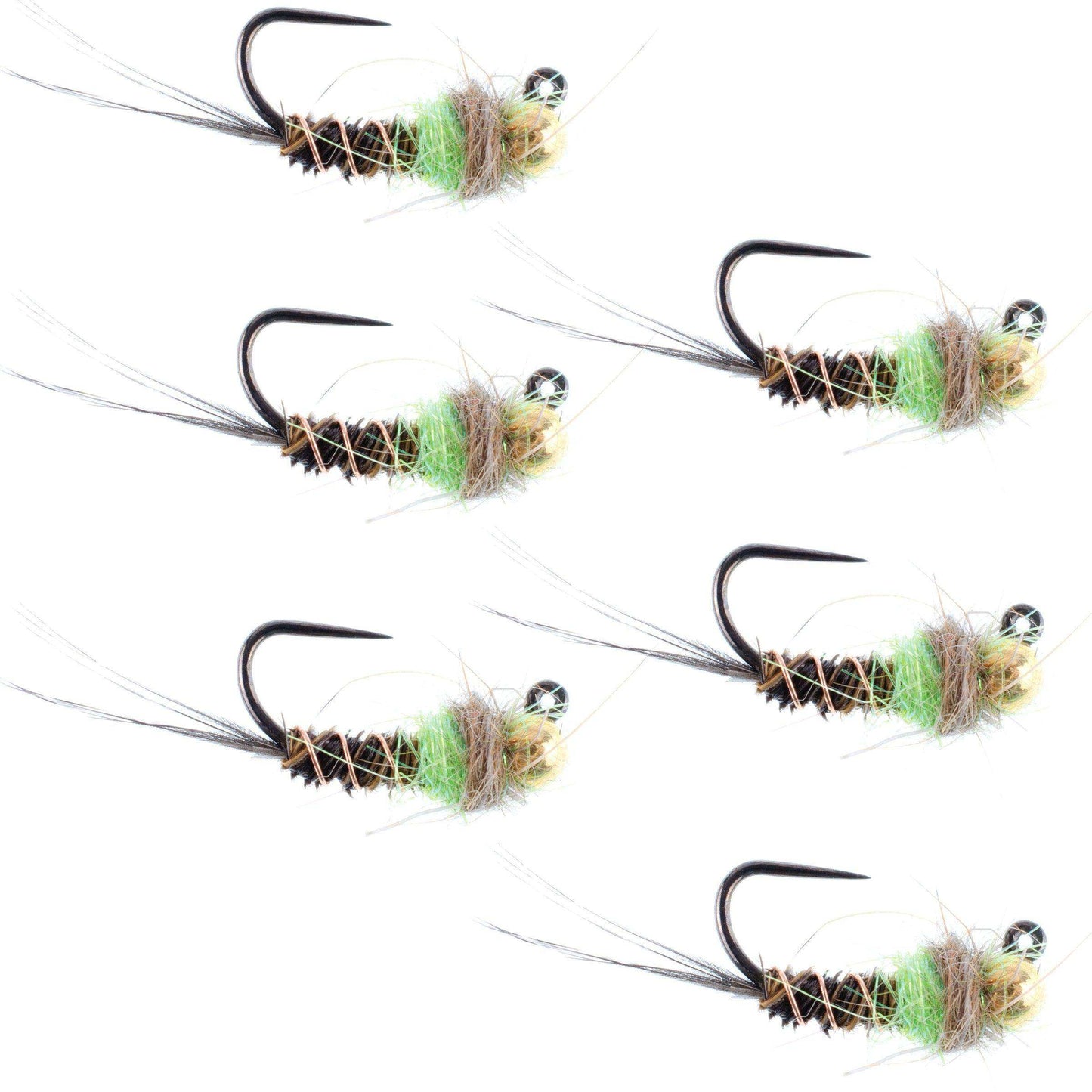 Tungsten Bead Hot Spot Pheasant Tail Tactical Jig Chartreuse Czech Nymph Euro Nymphing Fly - 6 Flies Size 16 - Skoutley Outdoors LLC