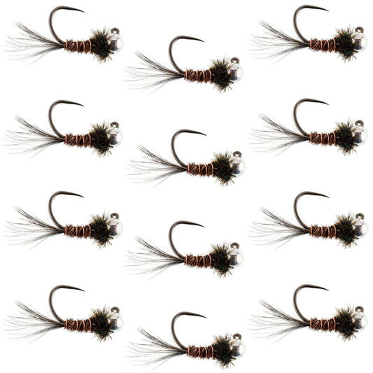 Tungsten Bead Pheasant Tail Tactical Jig Czech Nymph Euro Nymphing Fly - 1 Dozen Flies Size 14 - Skoutley Outdoors LLC