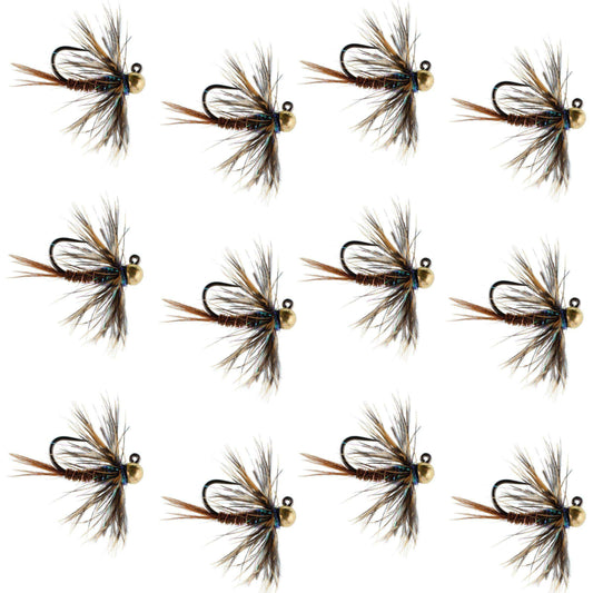 Tungsten Bead Soft Hackle Pheasant Tail Tactical Jig Czech Nymph Euro Nymphing Fly - 1 Dozen Flies Size 12 - Skoutley Outdoors LLC