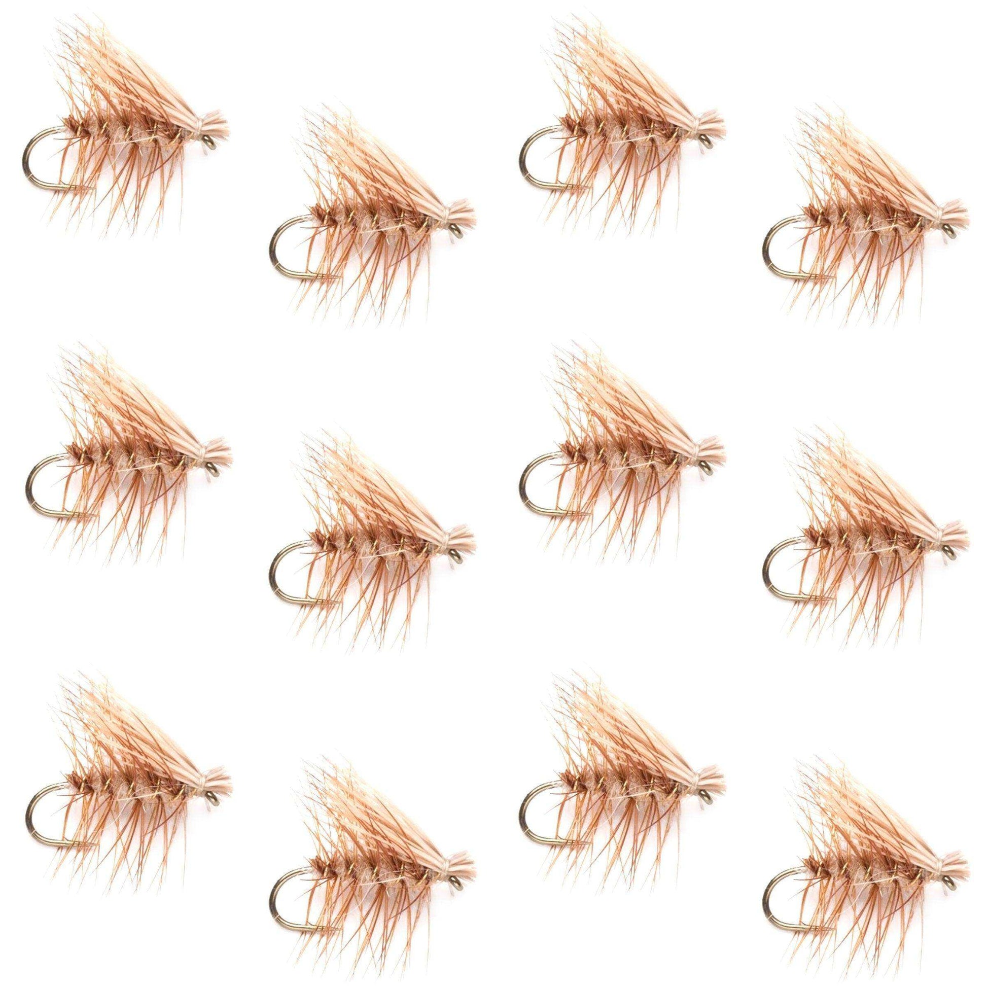 Barbless Tan Elk Hair Caddis Classic Trout Dry Flies 1 Dozen Flies Size 12 - Skoutley Outdoors LLC