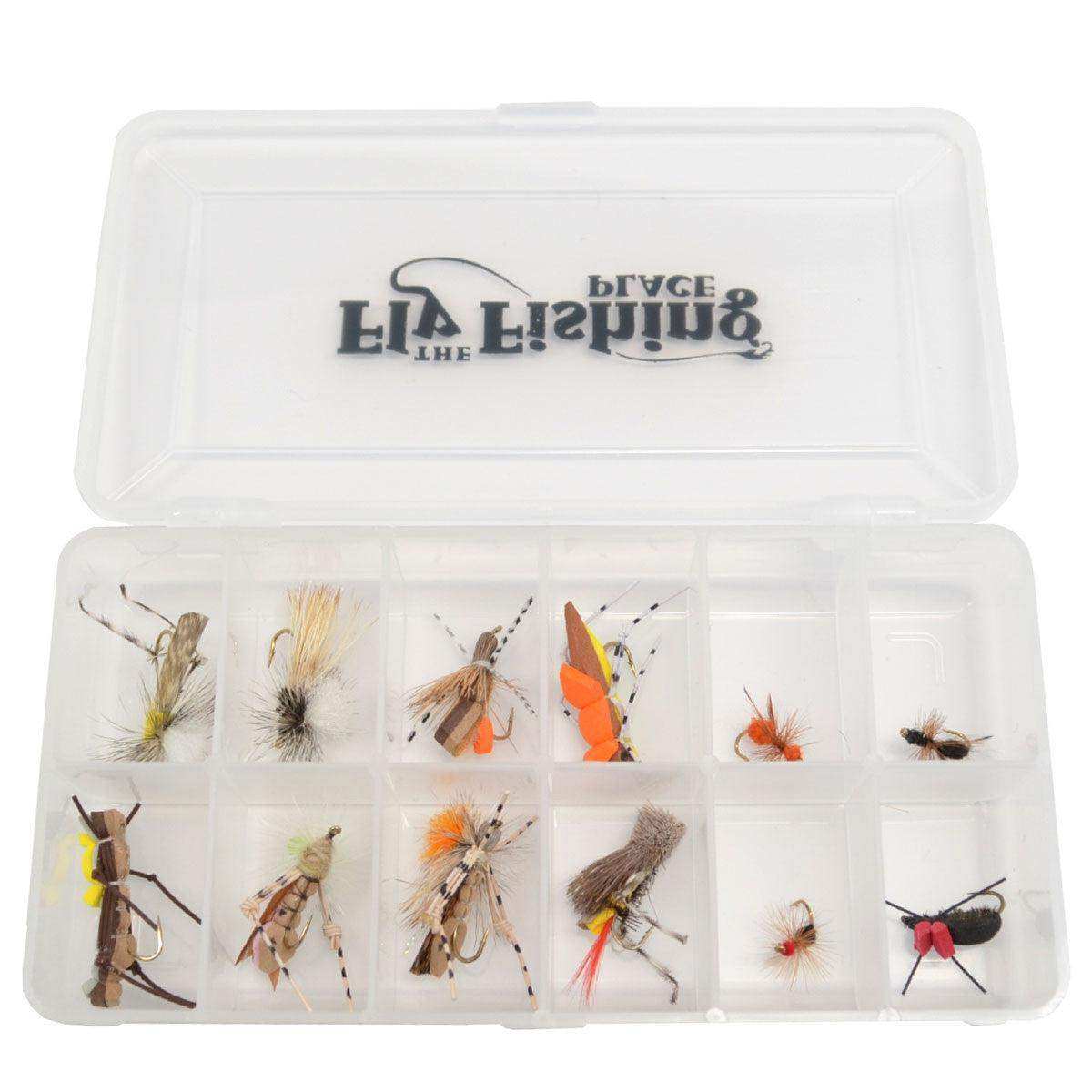 Trout Fly Assortment - Essential Terrestrials Fly Fishing Flies Collection - Includes Foam Hoppers, Ants, Beetles, and Cicadas - 1 Dozen Trout Flies with Fly Box - Skoutley Outdoors LLC