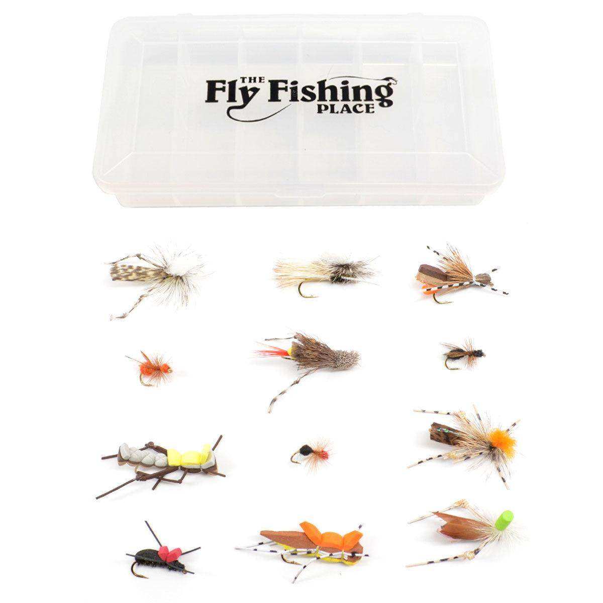 Trout Fly Assortment - Essential Terrestrials Fly Fishing Flies Collection - Includes Foam Hoppers, Ants, Beetles, and Cicadas - 1 Dozen Trout Flies with Fly Box - Skoutley Outdoors LLC