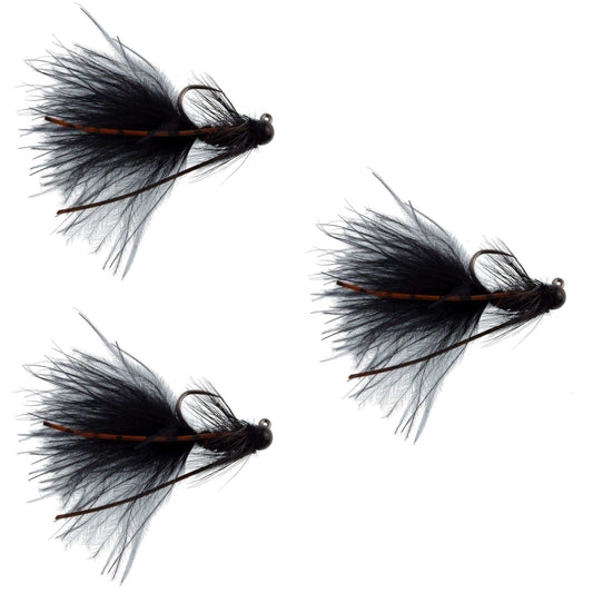 3 Pack Tungsten Bead Tactical Black Mini Bugger Czech Nymph Euro Nymphing Fly - 3 Flies Size 8 - Skoutley Outdoors LLC