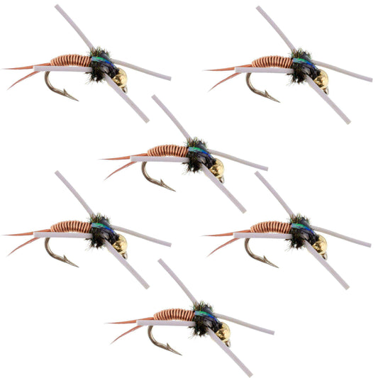 Tungsten Bead Head Rubber Legs Copper John Nymph Fly Fishing Flies - Set of 6 Flies Hook Size 14 - Skoutley Outdoors LLC