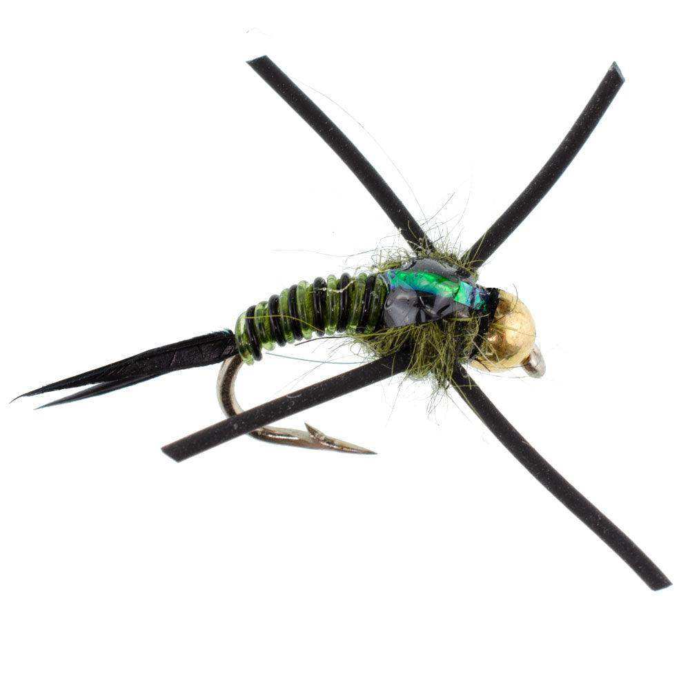 Tungsten Bead Head Rubber Legs Black Olive Zebra Copper John Nymph Fly Fishing Flies - Set of 6 Flies Hook Size 16 - Skoutley Outdoors LLC