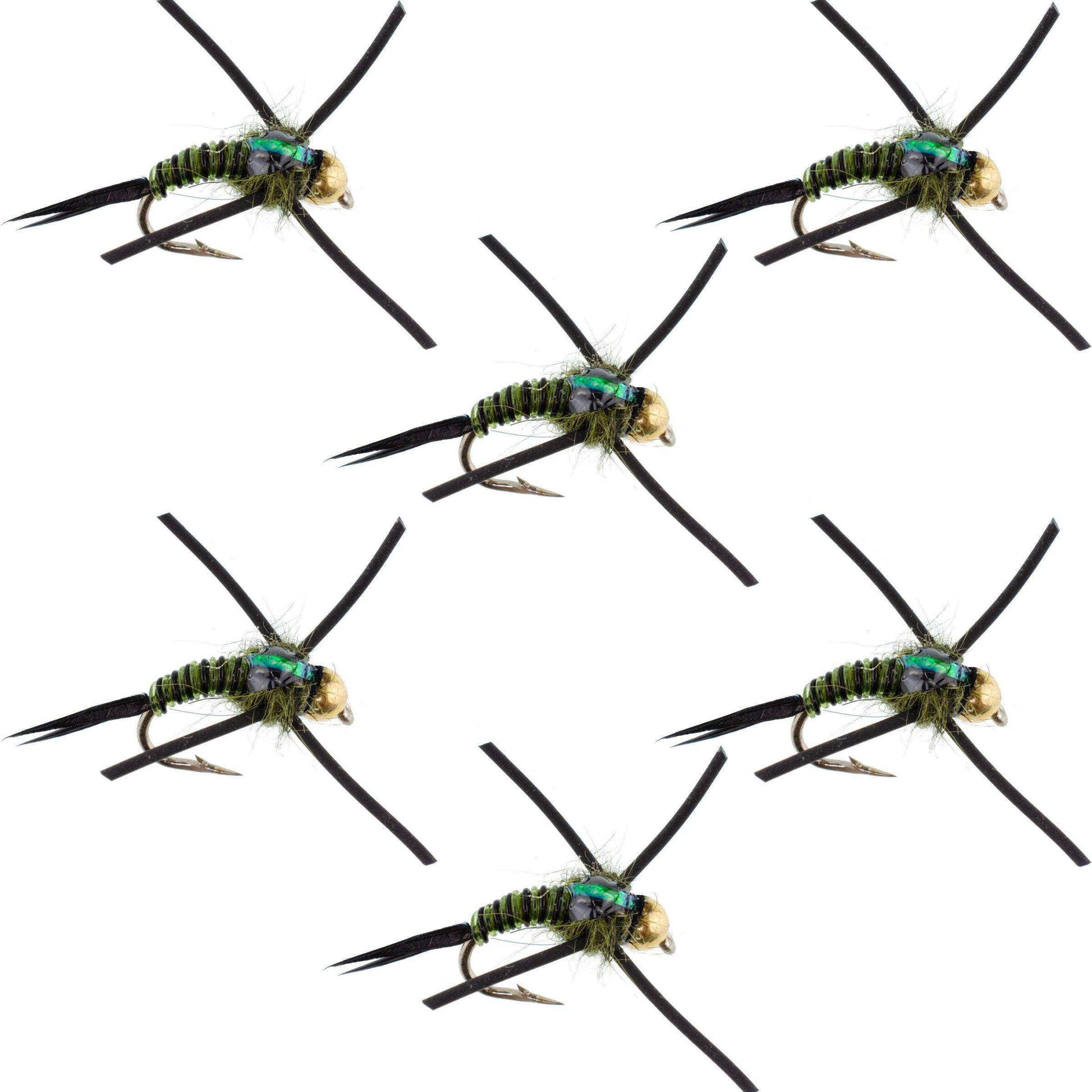 Tungsten Bead Head Rubber Legs Black Olive Zebra Copper John Nymph Fly Fishing Flies - Set of 6 Flies Hook Size 16 - Skoutley Outdoors LLC