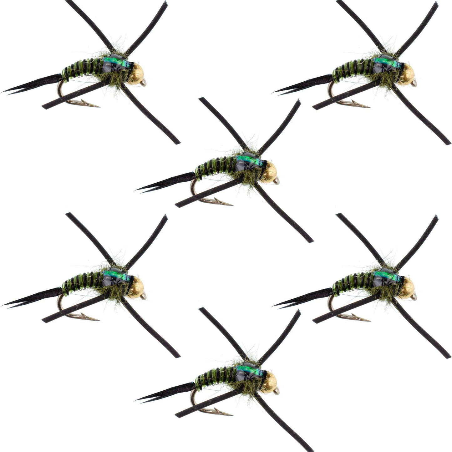 Tungsten Bead Head Rubber Legs Black Olive Zebra Copper John Nymph Fly Fishing Flies - Set of 6 Flies Hook Size 14 - Skoutley Outdoors LLC