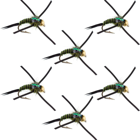 Tungsten Bead Head Rubber Legs Black Olive Zebra Copper John Nymph Fly Fishing Flies - Set of 6 Flies Hook Size 12 - Skoutley Outdoors LLC