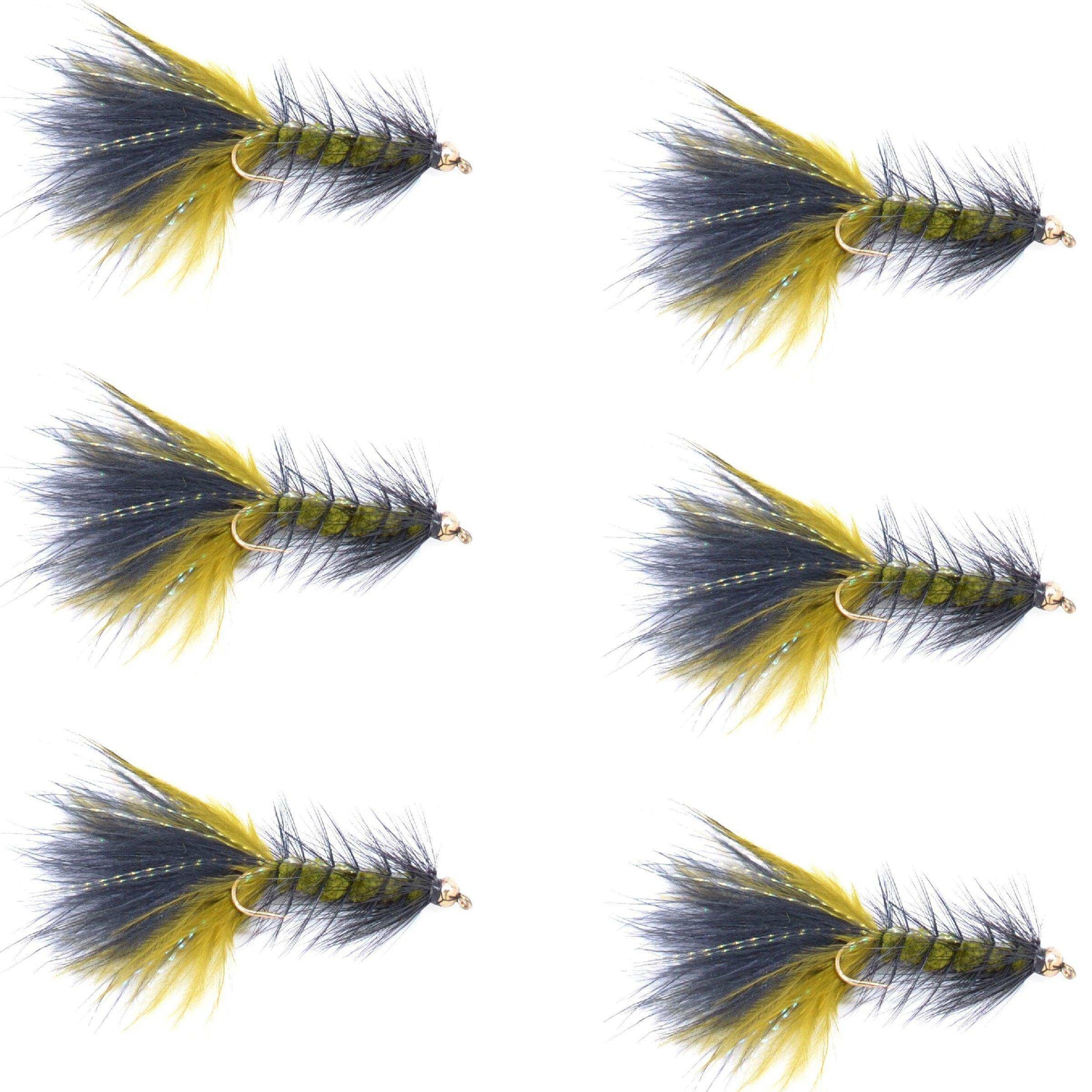 Olive Black Bead Head Crystal Woolly Bugger Classic Streamer Flies - Set of 6 Trout Fly Fishing Flies - Hook Size 4 - Skoutley Outdoors LLC