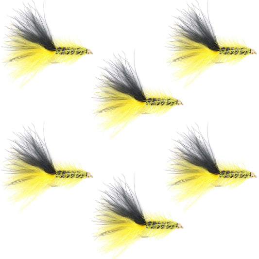 Yellow Black Bead Head Crystal Woolly Bugger Classic Streamer Flies - Set of 6 Trout Fly Fishing Flies - Hook Size 8 - Skoutley Outdoors LLC