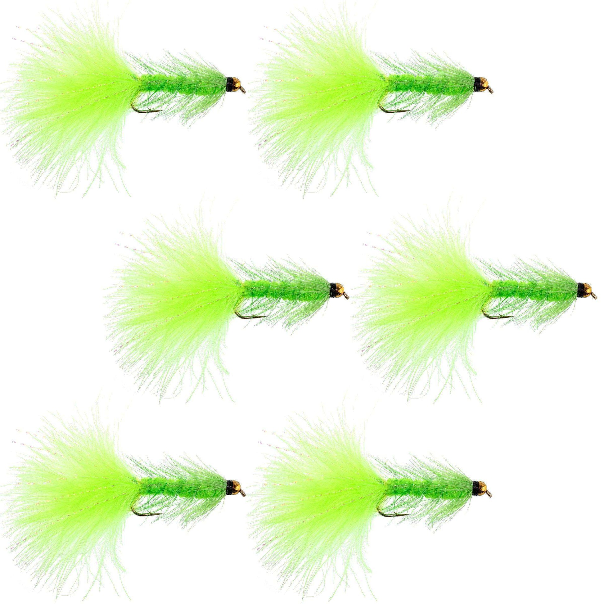 Chartreuse Bead Head Crystal Woolly Bugger Classic Streamer Flies - Set of 6 Trout Fly Fishing Flies - Hook Size 8 - Skoutley Outdoors LLC