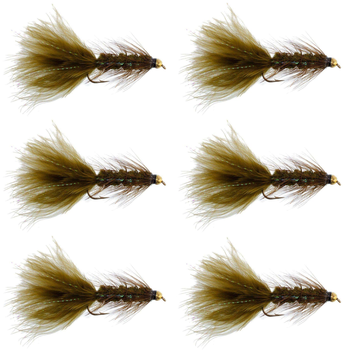 Dark Olive Bead Head Crystal Woolly Bugger Classic Streamer Flies - Set of 6 Trout Fly Fishing Flies - Hook Size 8 - Skoutley Outdoors LLC