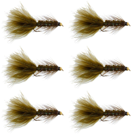 Dark Olive Bead Head Crystal Woolly Bugger Classic Streamer Flies - Set of 6 Trout Fly Fishing Flies - Hook Size 8 - Skoutley Outdoors LLC