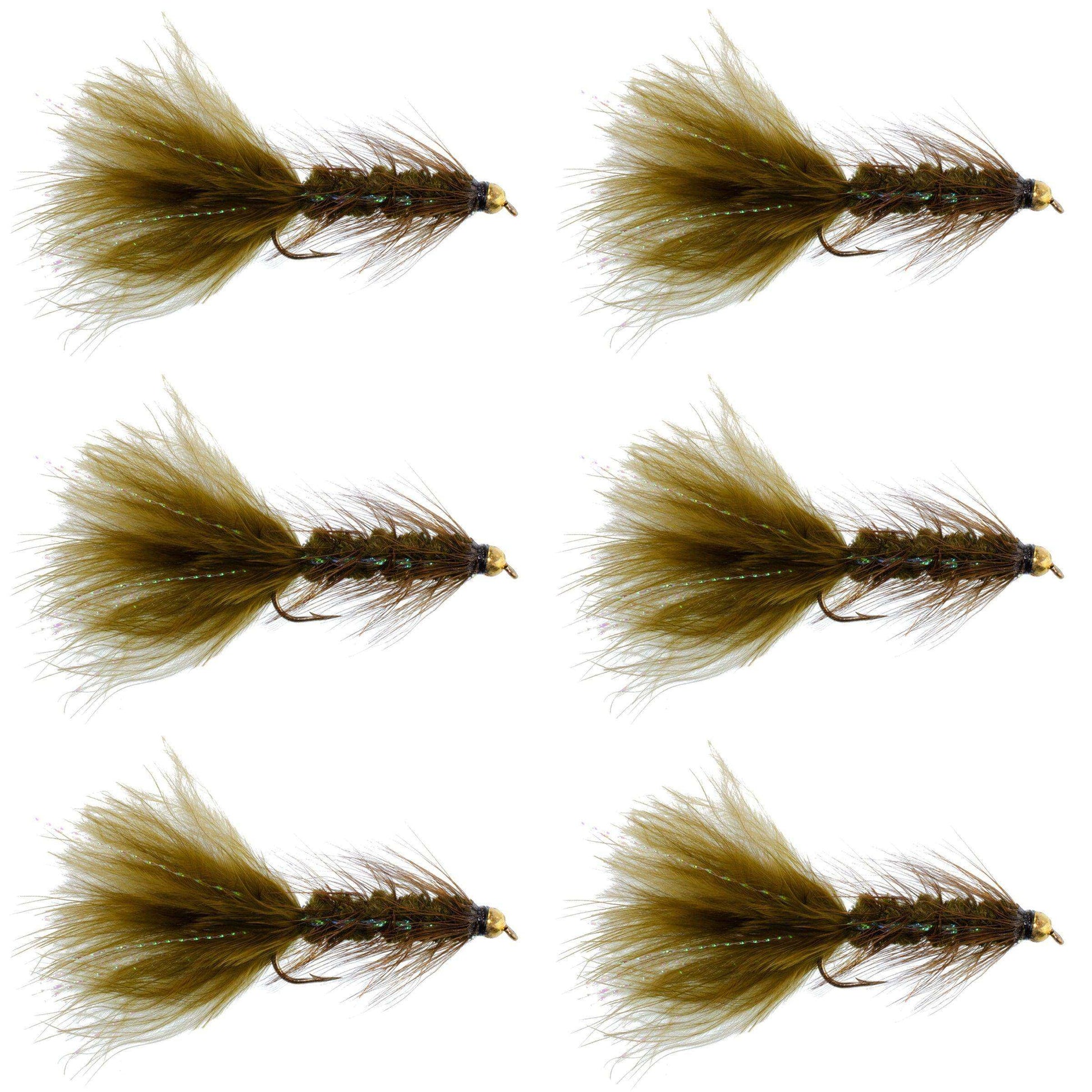 Dark Olive Bead Head Crystal Woolly Bugger Classic Streamer Flies - Set of 6 Trout Fly Fishing Flies - Hook Size 4 - Skoutley Outdoors LLC