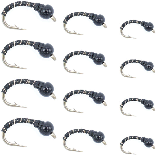 Black Zebra Midge Assortment - Black Bead Head - 1 Dozen - 4 Each of 3 Sizes 14, 16, 18 - Tailwater and Lake Fly Fishing Flies Assortment - Skoutley Outdoors LLC