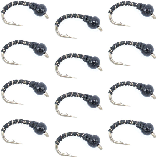 Black Zebra Midge - Black Bead Head - 1 Dozen - Size 14 - Tailwater and Lake Fly Fishing Flies - Skoutley Outdoors LLC