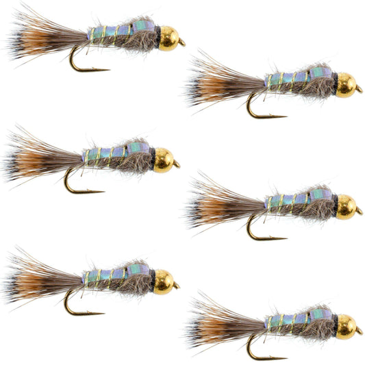 Bead Head Nymph Fly Fishing Flies - Flashback Gold Ribbed Hare's Ear Trout Fly - Nymph Wet Fly - 6 Flies Hook Size 16 - Skoutley Outdoors LLC