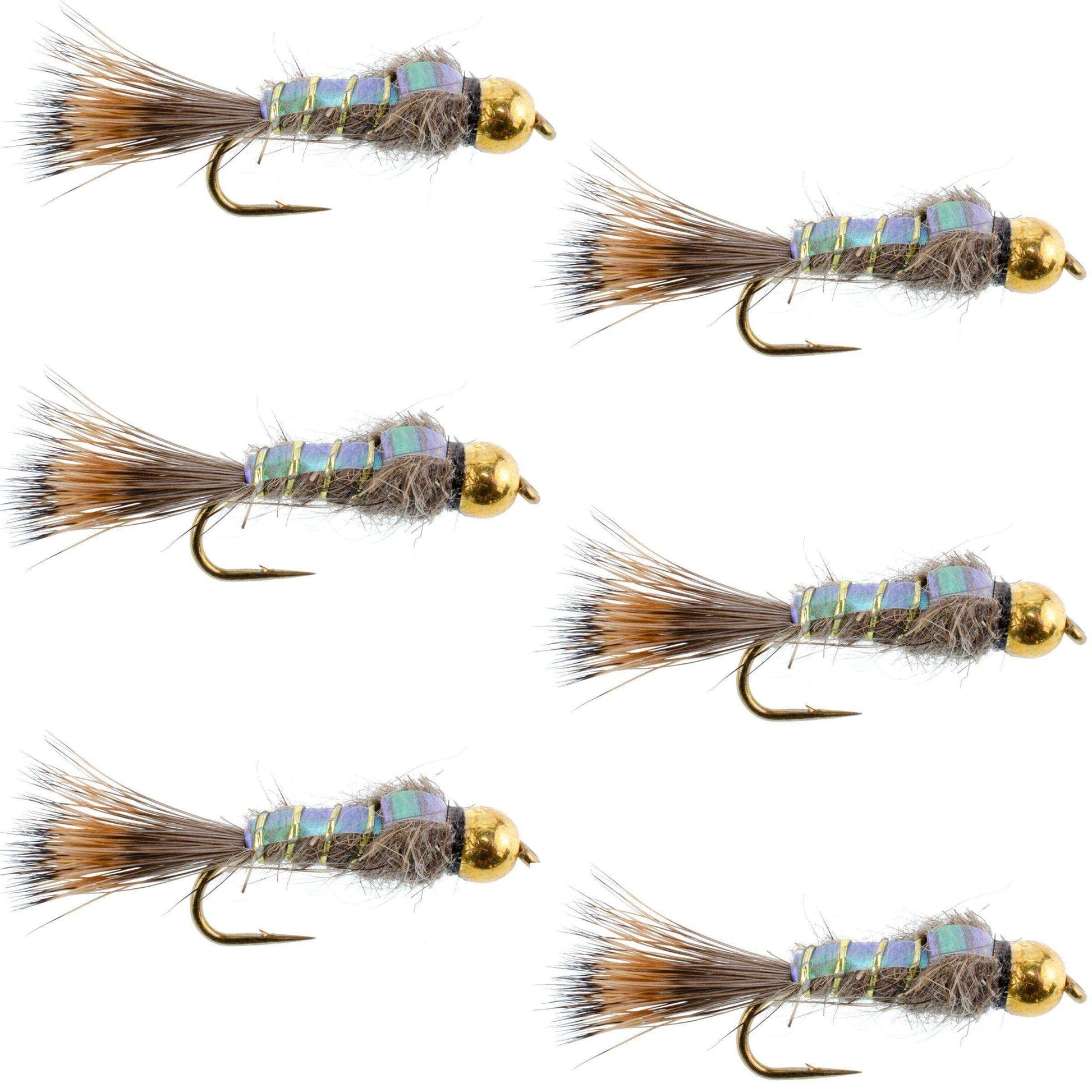 Tungsten Bead Head Nymph Fly Fishing Flies - Flashback Gold Ribbed Hare's Ear Trout Fly - Nymph Wet Fly - 6 Flies Hook Size 14 - Skoutley Outdoors LLC